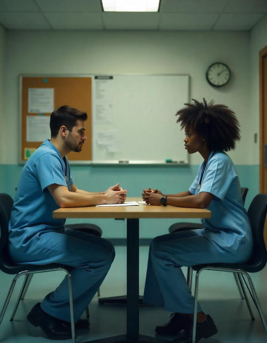 Two medical co workers across the breakroom table staring at each other in a combative pose exhibiting Horizontal hostility
