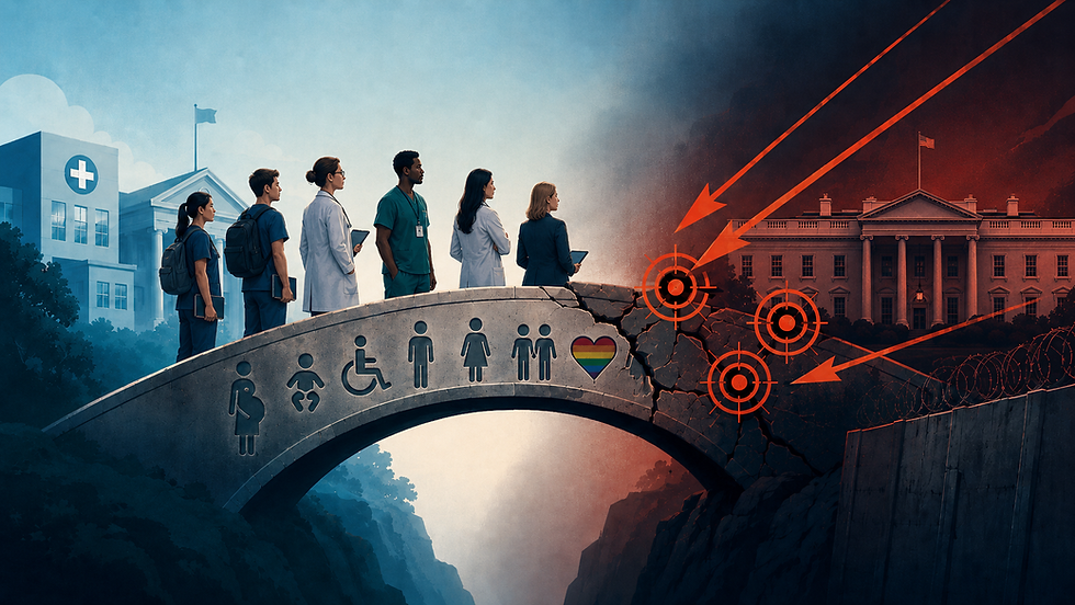 Medical students and healthcare professionals stand on a cracked bridge representing DEI and health equity while red arrows and target symbols from the White House side strike the bridge. Icons for pregnancy, infant care, disability access, LGBTQ inclusion, and community representation appear on the bridge.