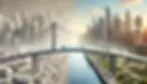 People walk on a futuristic bridge over a canal, city skyline in background. The left side is gray with smog, right is clear and sunny.