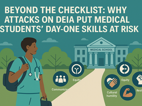 Flat-style illustration of a diverse medical student walking toward a medical school building, surrounded by floating icons for Communication, Equity, Resilience, and Cultural Humility, symbolizing essential day-one competencies expected in medical education."