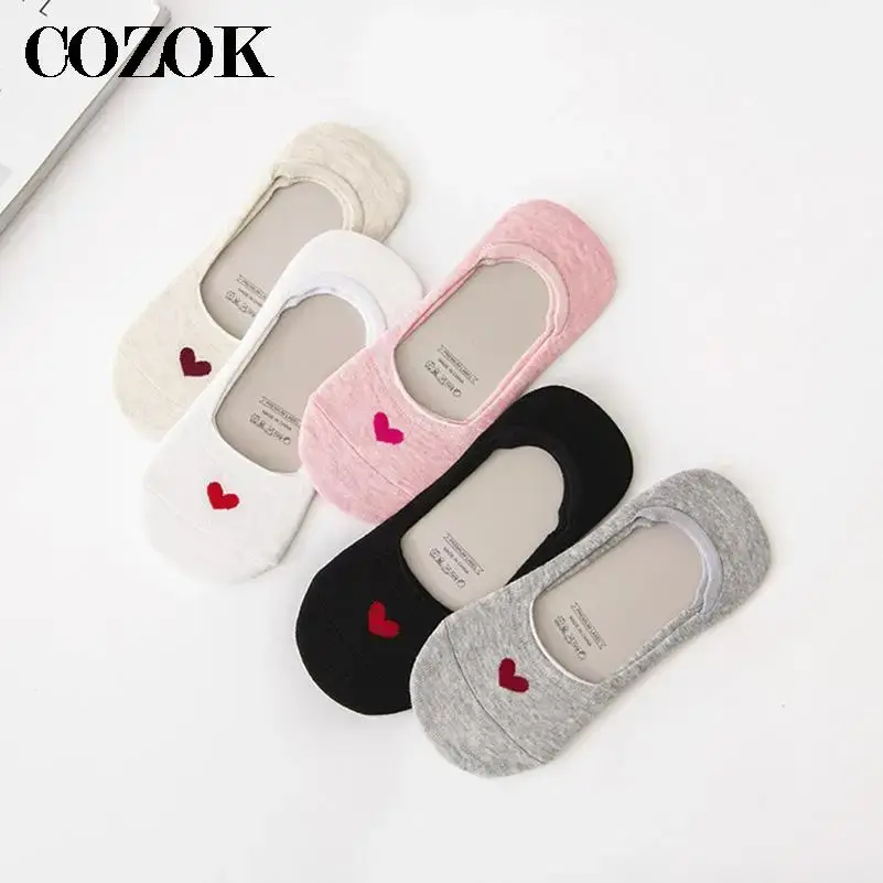 Thumbnail: 3 Pairs Sock Slippers Heart Invisible No Show Women Sweat Summer Comfort Cotton