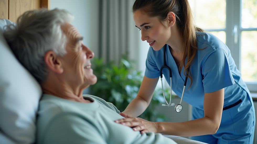 Eye-level view of a nurse providing care to a patient at home