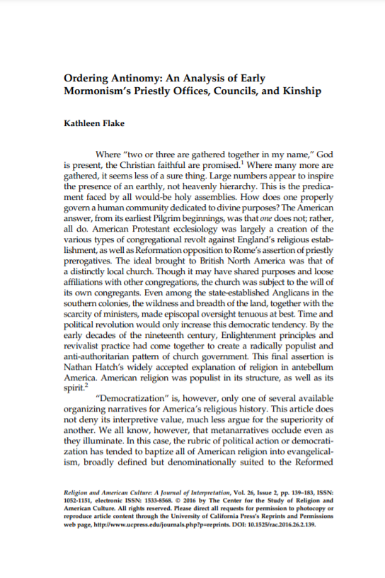 Ordering Antinomy: An Analysis of Early Mormonism’s Priestly Offices, Councils, and Kinship