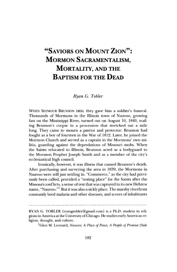 Saviors on Mt. Zion’: Mormon Sacramentalism, Mortality, and the Baptisms for the Dead