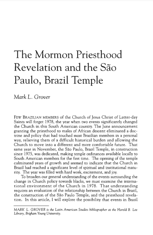 The Mormon Priesthood Revelation and the Sao Paulo, Brazil Temple