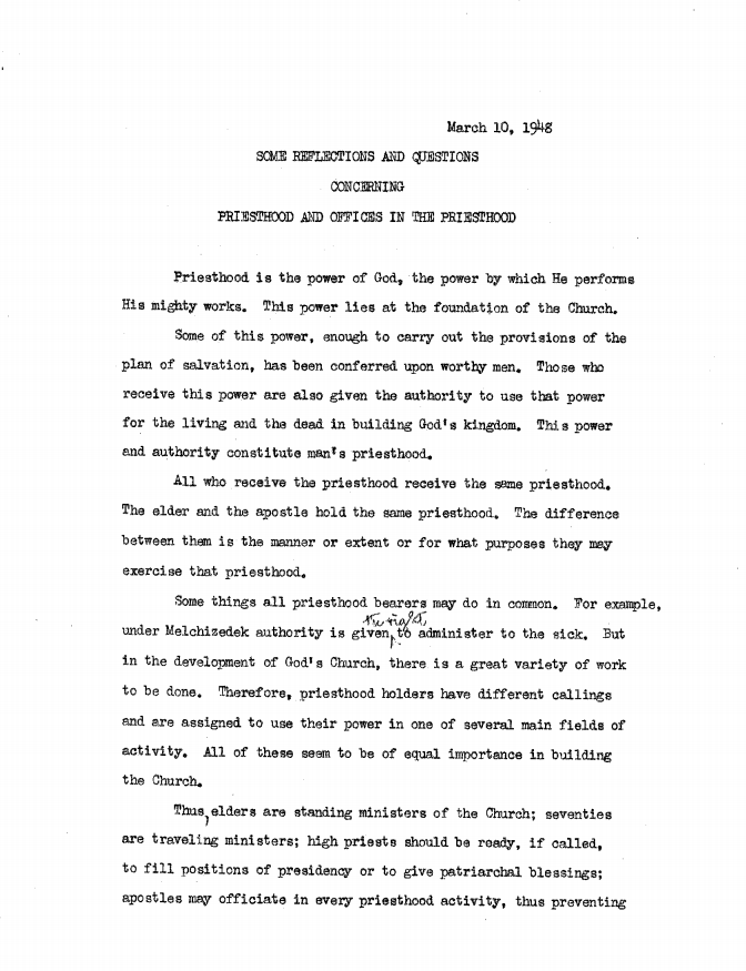 Some reflections and Questions Concerning Priesthood and Offices in the Priesthood