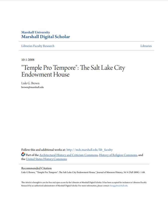 Temple Pro Tempore: The Salt Lake City Endowment House