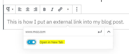 screenshot of external link formatting on Wordpress to show opening in new tab for SEO