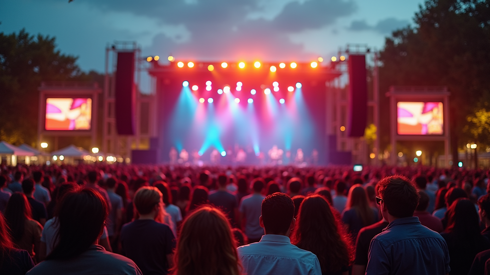 Panoramic view of a music festival in a historic square with a seated audience