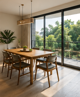 Modern living room in Guwahati featuring large windows, natural daylight, indoor plants, and climate-responsive residential interior design.