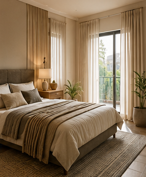 Contemporary bedroom interior with natural fabrics, soft textures, breathable materials, and elegant residential design.
