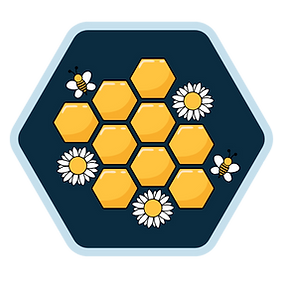Button: Explore Psychology Services - A honeycomb-shaped design with two bees, two flowers, and a yellow pattern on a dark bl