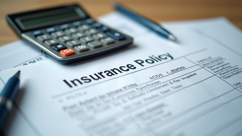 Close-up view of insurance policy documents and calculator on desk
