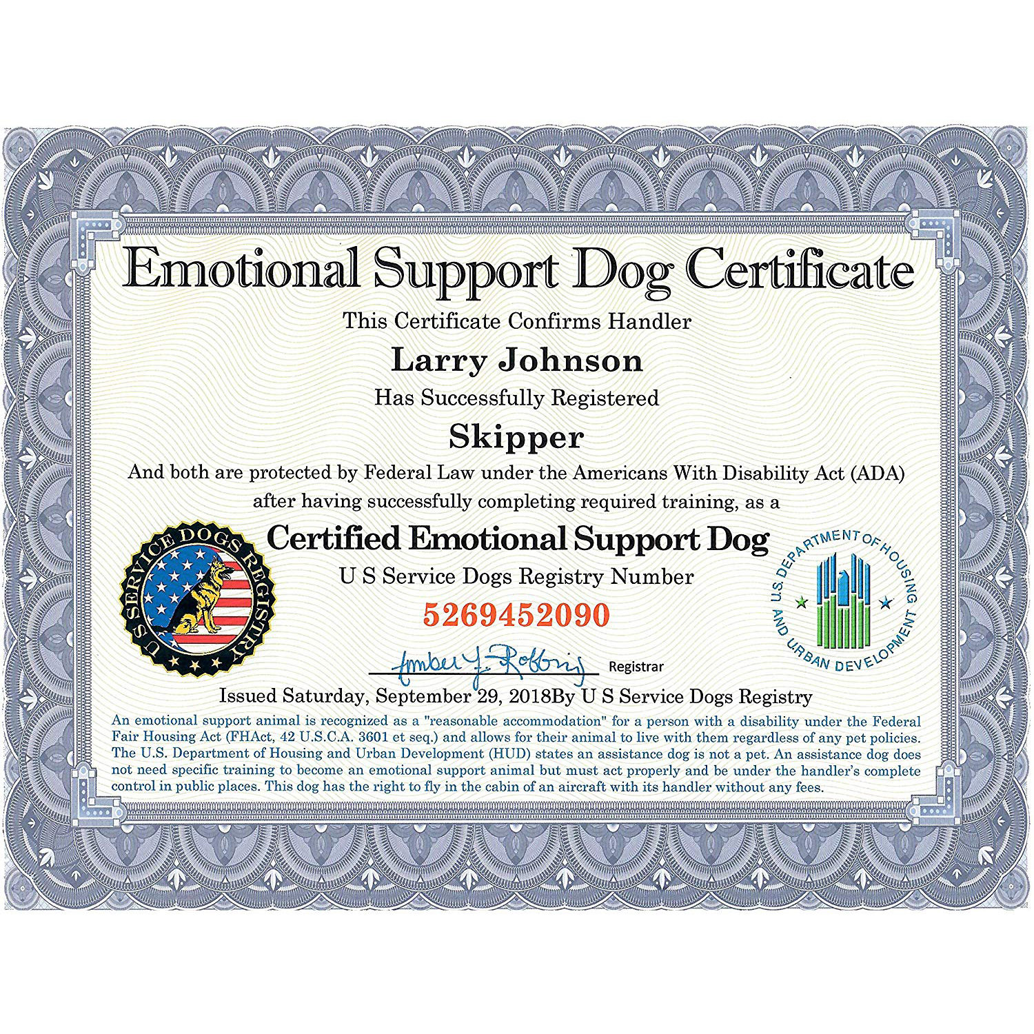 Certified Emotional Support Dog Service Dog Certificate Reprints Us Service Dogs Regy