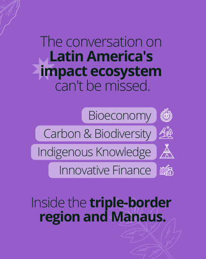 A purple graphic highlighting key themes of the Pan‑Amazon Investor Education Program: bioeconomy, carbon and biodiversity, Indigenous knowledge, and innovative finance, with small line‑illustration icons.