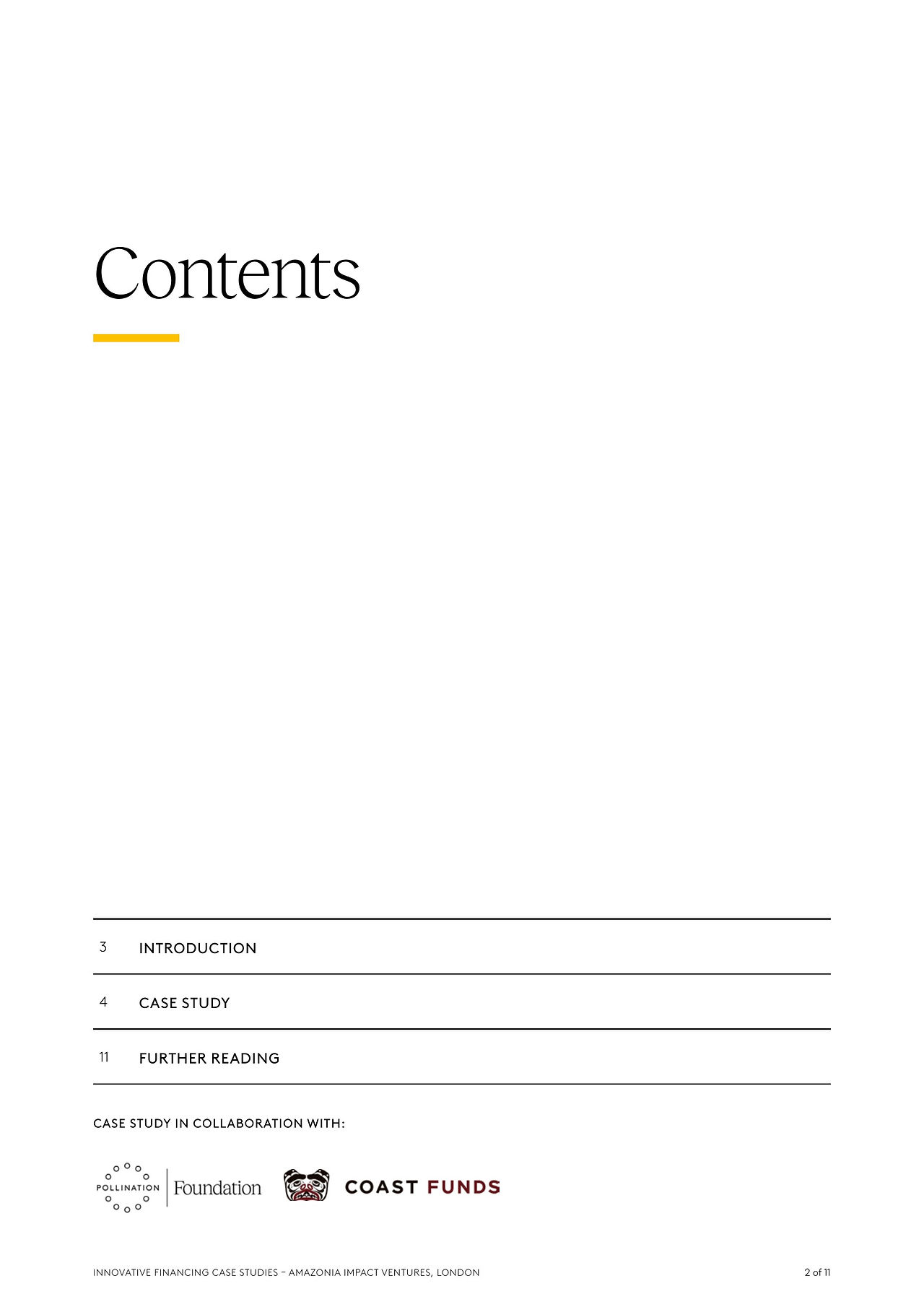 Contents page listing introduction, case study and further reading, with logos of Pollination Foundation, Coast Funds and Foundation at the bottom.