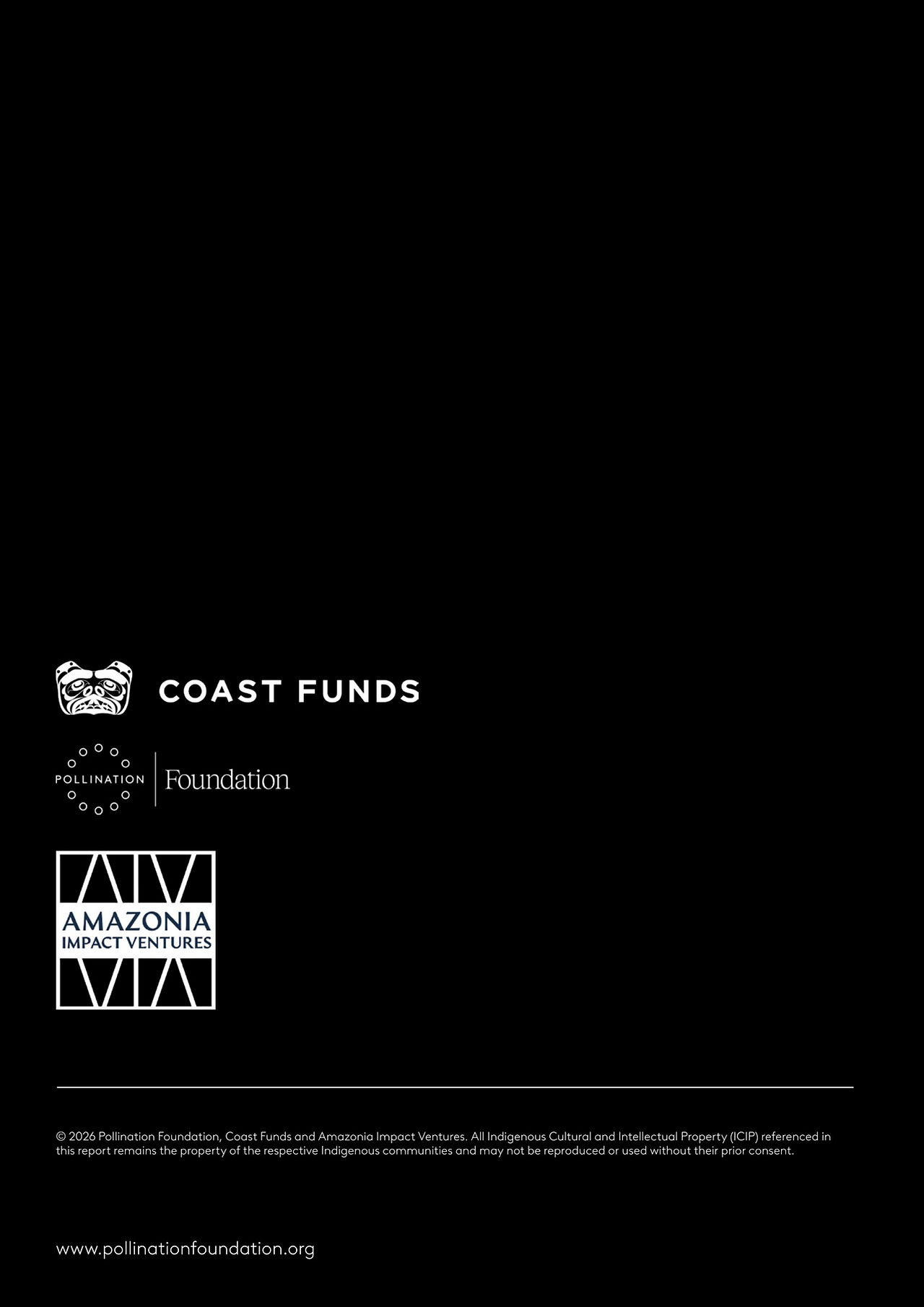 Credits page showing logos of Coast Funds, Pollination Foundation and Amazonia Impact Ventures, with a statement on Indigenous cultural and intellectual property rights.