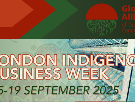 Banner for London Indigenous Business Week, held 15-19 September 2025, features Global Alliance logo, buildings, and green-red abstract design.