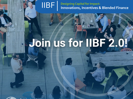 Poster of people meeting around outdoor tables; text reads IIBF, Designing Capital for Impact, Join us for IIBF 2.0!