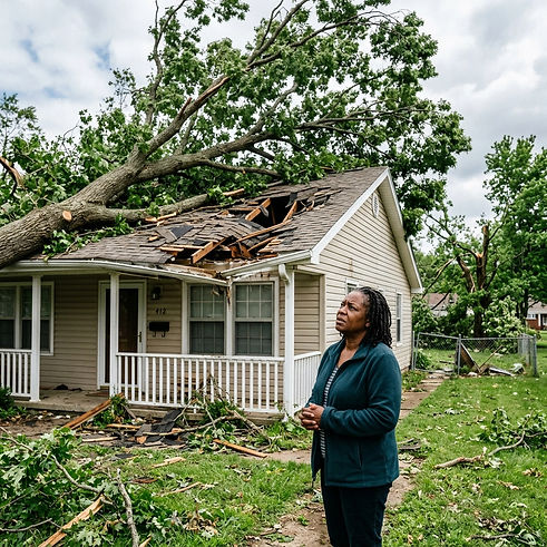 black woman standing next to her house with a tree that hit the roof..jpg