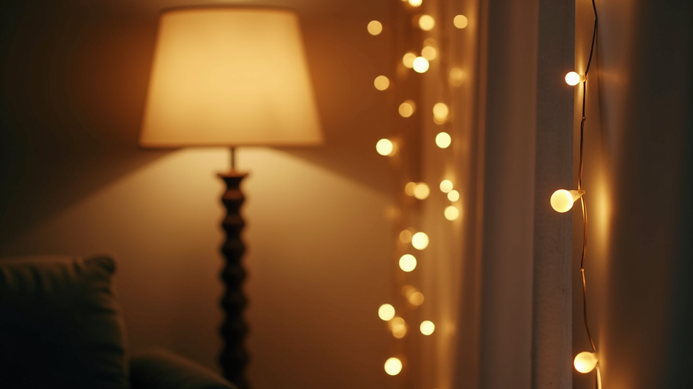 Close-up view of a cozy corner with string lights and a modern lampshade