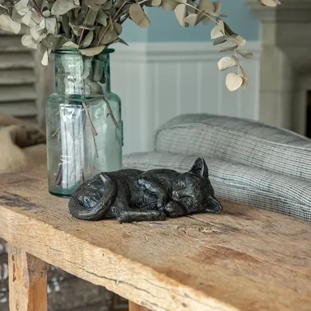 Beautiful Resting Cat Urn with antique bronze finish