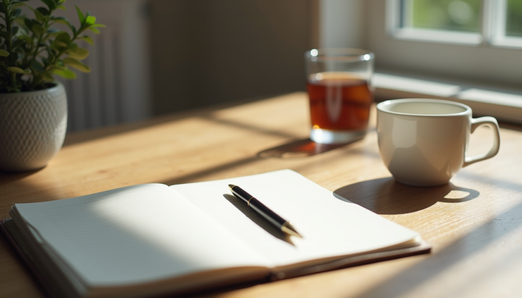 Eye-level view of a calm workspace with a notebook, pen, and cup of tea