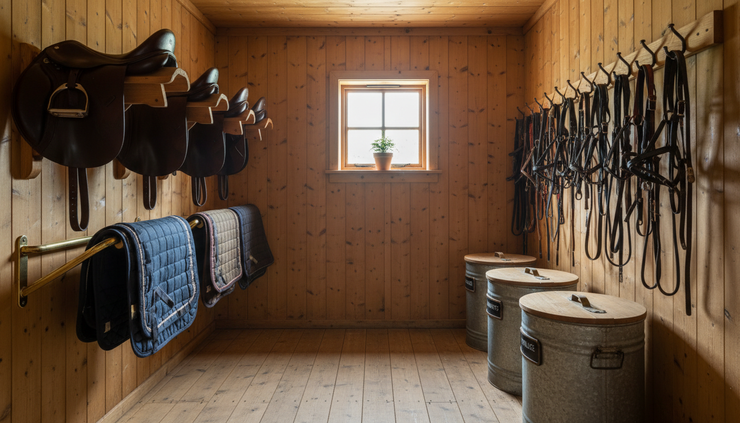 Eye-level view of a tidy timber tack room with saddle racks and rug rails