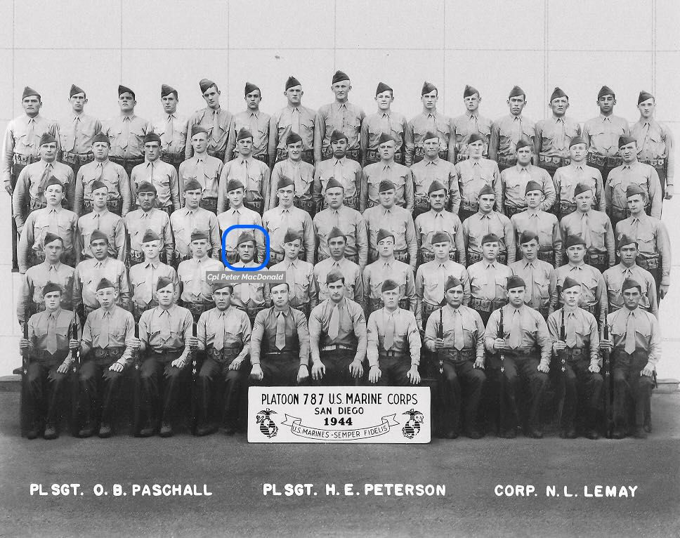 Photo of USMC Navajo Code Talker, Peter MacDonald, sr. Platoon 787 San Diego1944 with Corporal Peter MacDonald, Sr. indicated by a blue circle in the second row from the bottom.