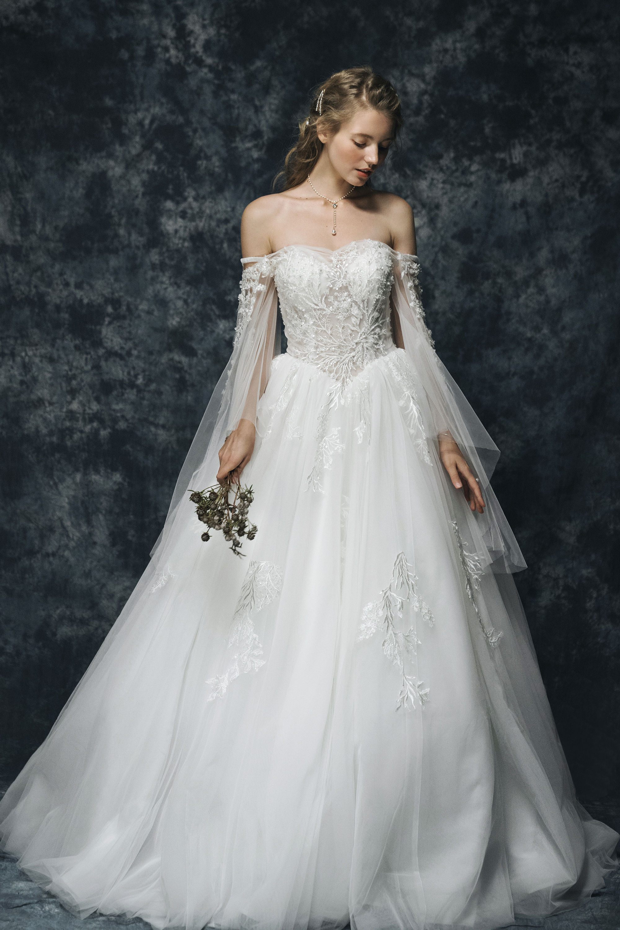 One shoulder half sleeve Wedding Dress/A Line long tail Wedding Gown/