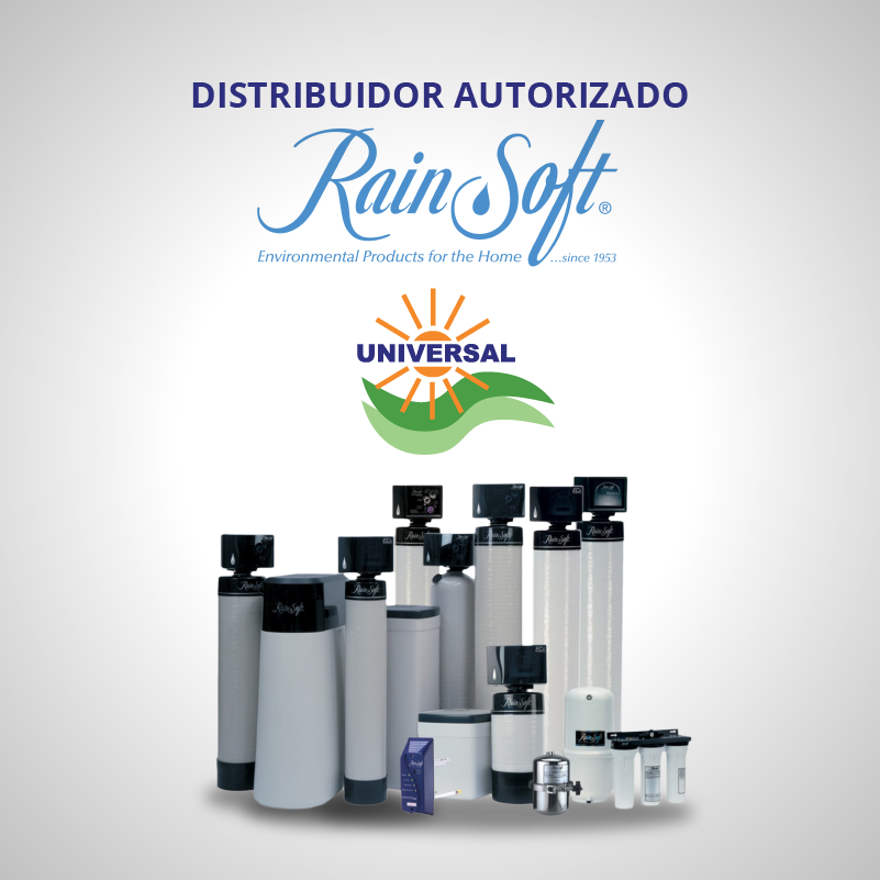 Cartel de distribuidor autorizado RainSoft y Universal con varios sistemas de filtración de agua sobre fondo blanco.