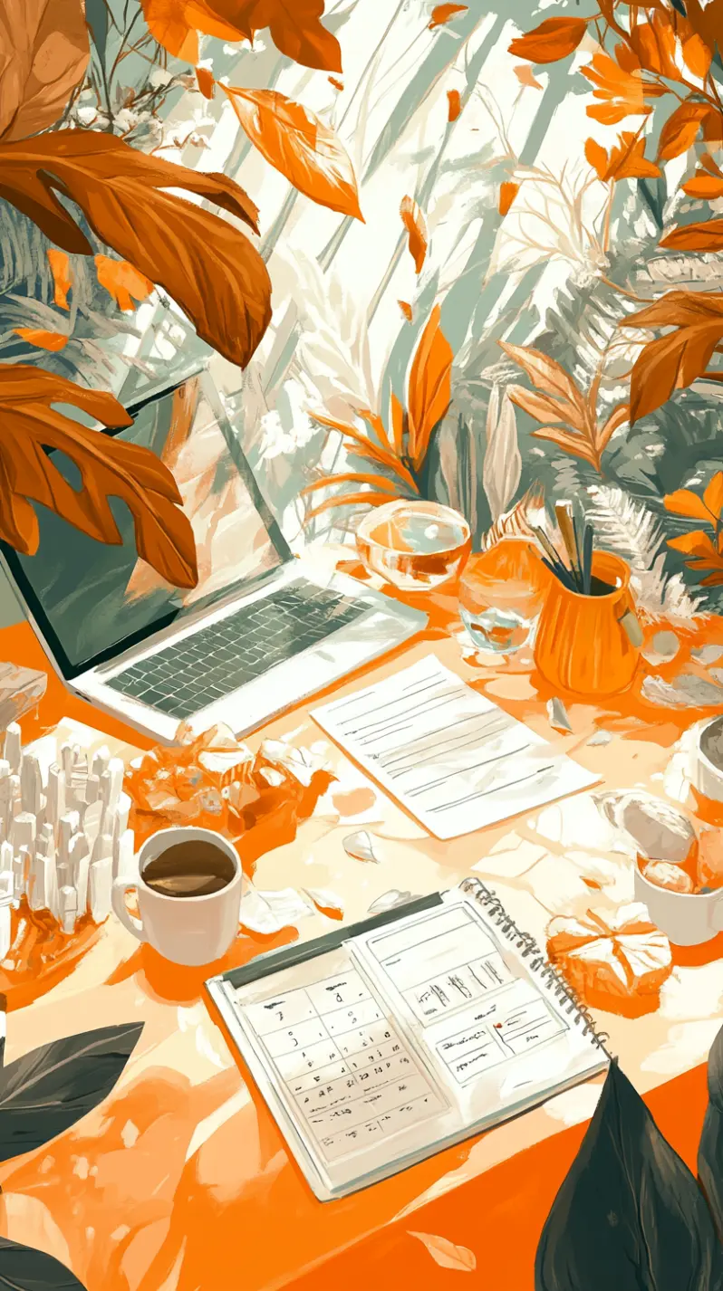 A stylized tropical workspace illustration showing a laptop displaying a calendar on an orange desk, surrounded by art supplies, crystal formations, and vibrant white and orange vegetation, representing organized grant application planning and creative productivity.