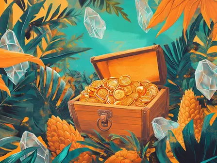 A vibrant tropical illustration featuring an open wooden treasure chest filled with golden coins, surrounded by lush teal and orange foliage, pineapples, and floating crystal gems, symbolizing abundant funding opportunities for artists
