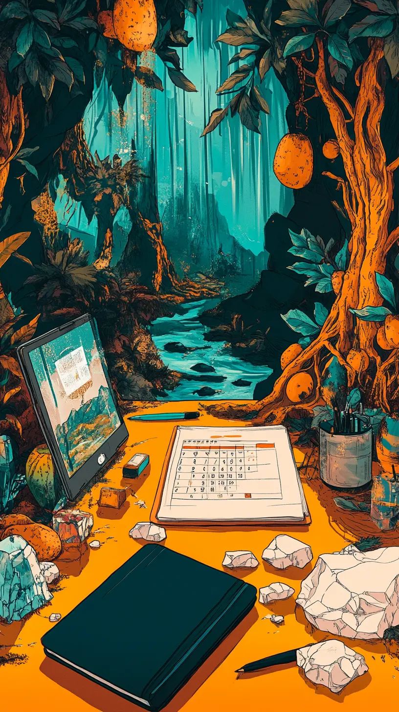 A stylized tropical workspace illustration showing a laptop displaying a calendar on an orange desk, surrounded by art supplies, crystal formations, and lush green and orange vegetation, representing organized grant application planning and creative productivity.
