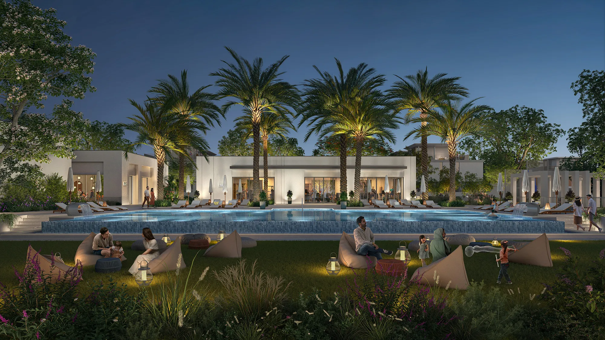 pool side view of a 4 bedroom villa in night time