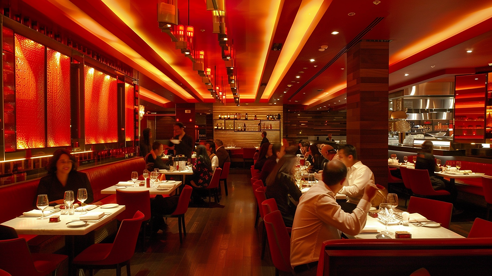 Montreal restaurant interior design using warm color psychology to increase customer appetite and sales