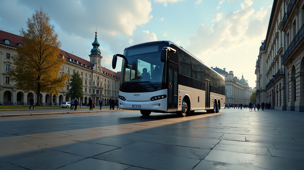 Eye-level view of a modern tour bus parked in a city square