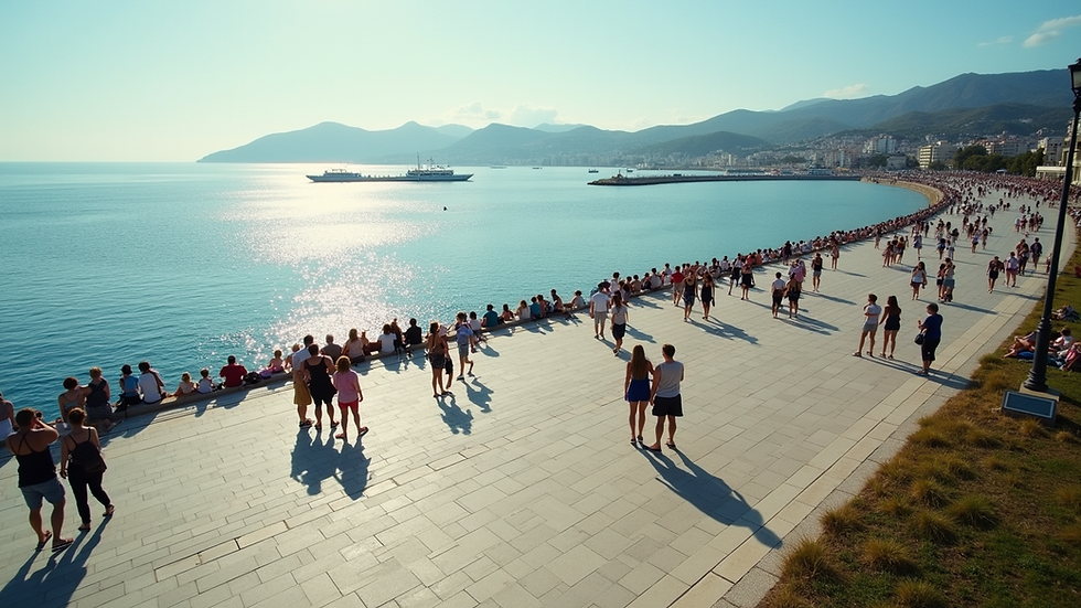 high angle view of a group of tourists enjoying a seaside promenade