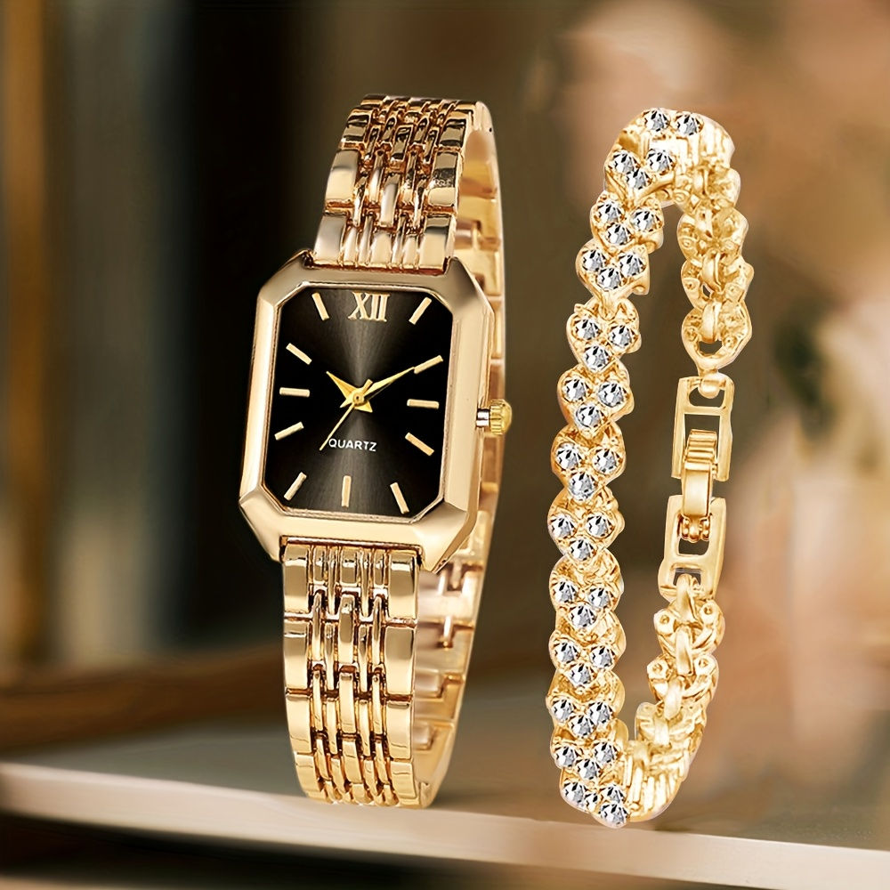 2PCS Fashion Rectangle Women Quartz Watch Rhinestone Bracelet Set Ladies Roma Di