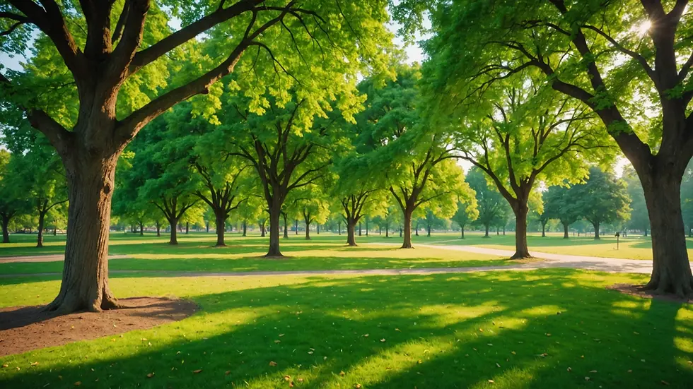 Wide angle view of a calm park setting with green trees