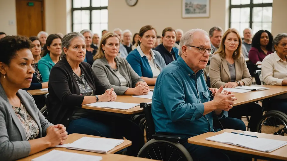 Eye-level view of a community meeting discussing disability rights and policies
