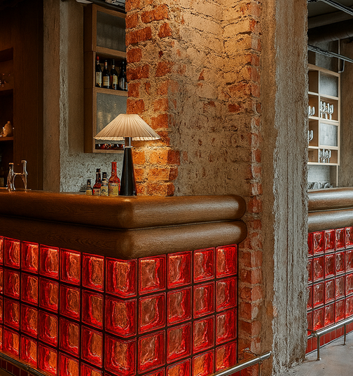 Red glass blocks used for a bar counter.
