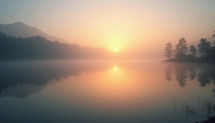Eye-level view of a sunrise over a calm lake with gentle mist