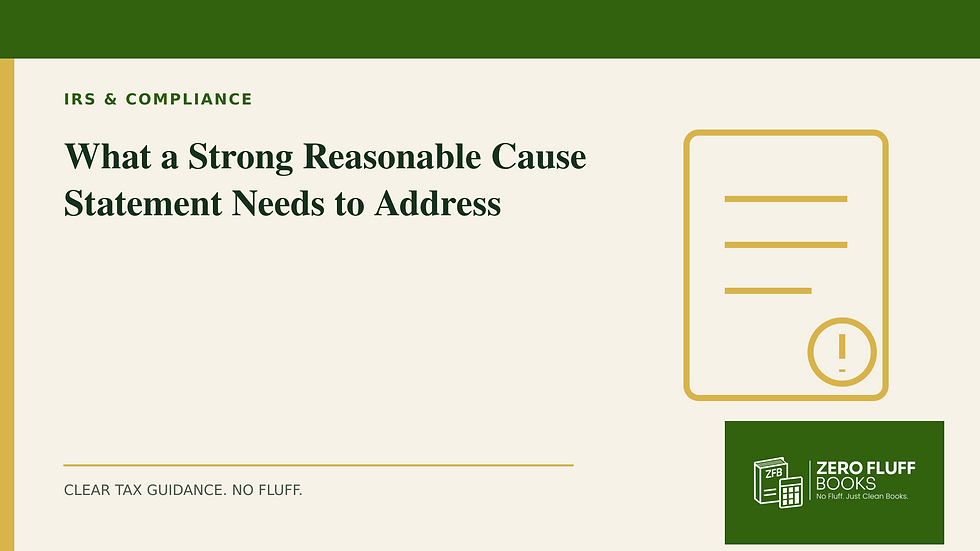 Zero Fluff Books branded cover for What a Strong Reasonable Cause Statement Needs to Address