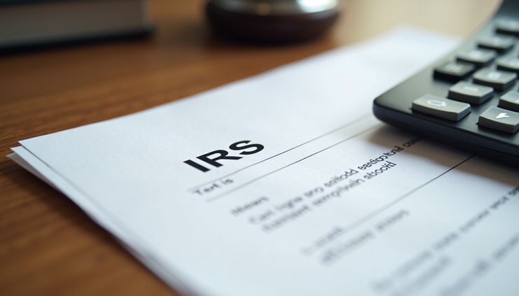 Eye-level view of an IRS letter on a wooden desk with a calculator nearby
