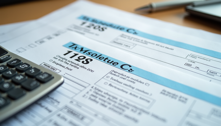 Close-up view of tax forms Schedule C and 1120S side by side on a wooden desk