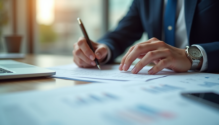 Eye-level view of a tax professional reviewing S-Corp payroll documents and tax forms