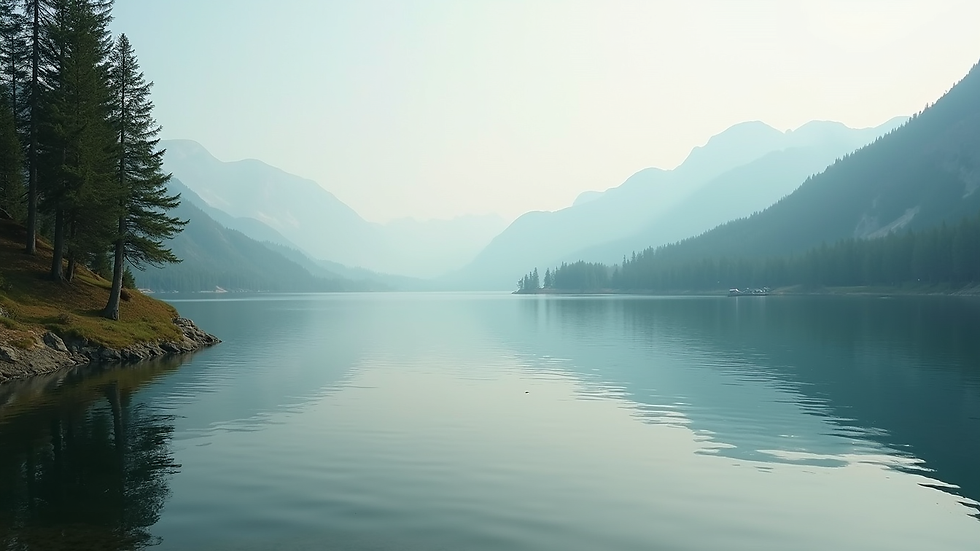 Eye-level view of a serene landscape with a calm lake