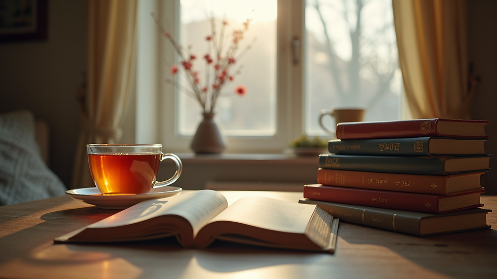 Eye-level view of a cozy reading nook with a stack of books and a warm cup of tea