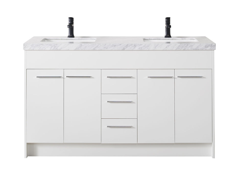Lotus 60" White Double Sink Vanity with Drains and Faucets in Matte Black